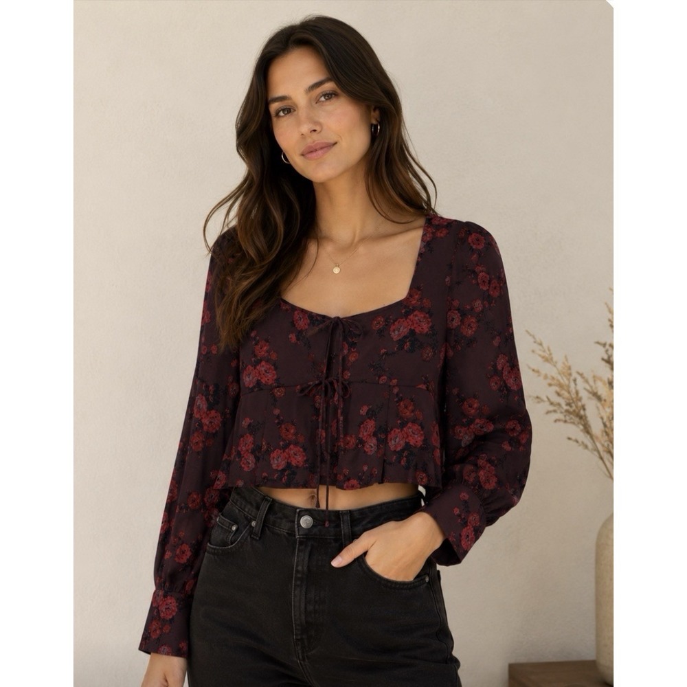 Leith Dark Floral Romantic Long Sleeve Tie Front Blouse Top Size Small